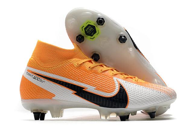 Chuteira Campo Nike Mercurial Superfly 7 Elite SG-PRO Anti Clog Branco e Laranja - Cano Alto - Loja da Seven Oficial