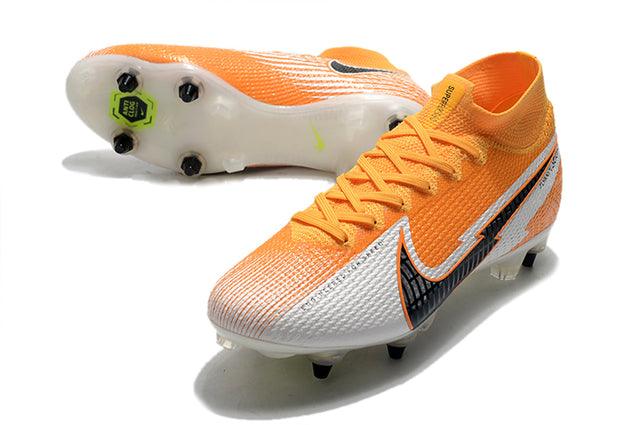 Chuteira Campo Nike Mercurial Superfly 7 Elite SG-PRO Anti Clog Branco e Laranja - Cano Alto - Loja da Seven Oficial