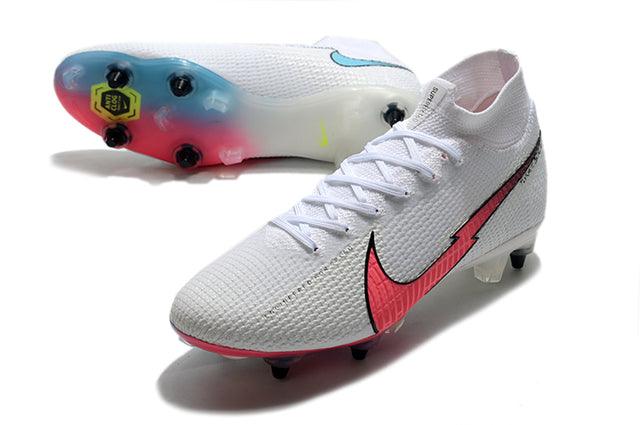 Chuteira Campo Nike Mercurial Superfly 7 Elite SG-PRO Anti Clog Branco/Rosa/Azul - Cano Alto - Loja da Seven Oficial